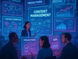 Futuristischer Kontrollraum mit holografischen Bildschirmen, Teamanalyse und digitaler Schnittstelle, inspiriert von 404 Magazine (Tobias Hager).