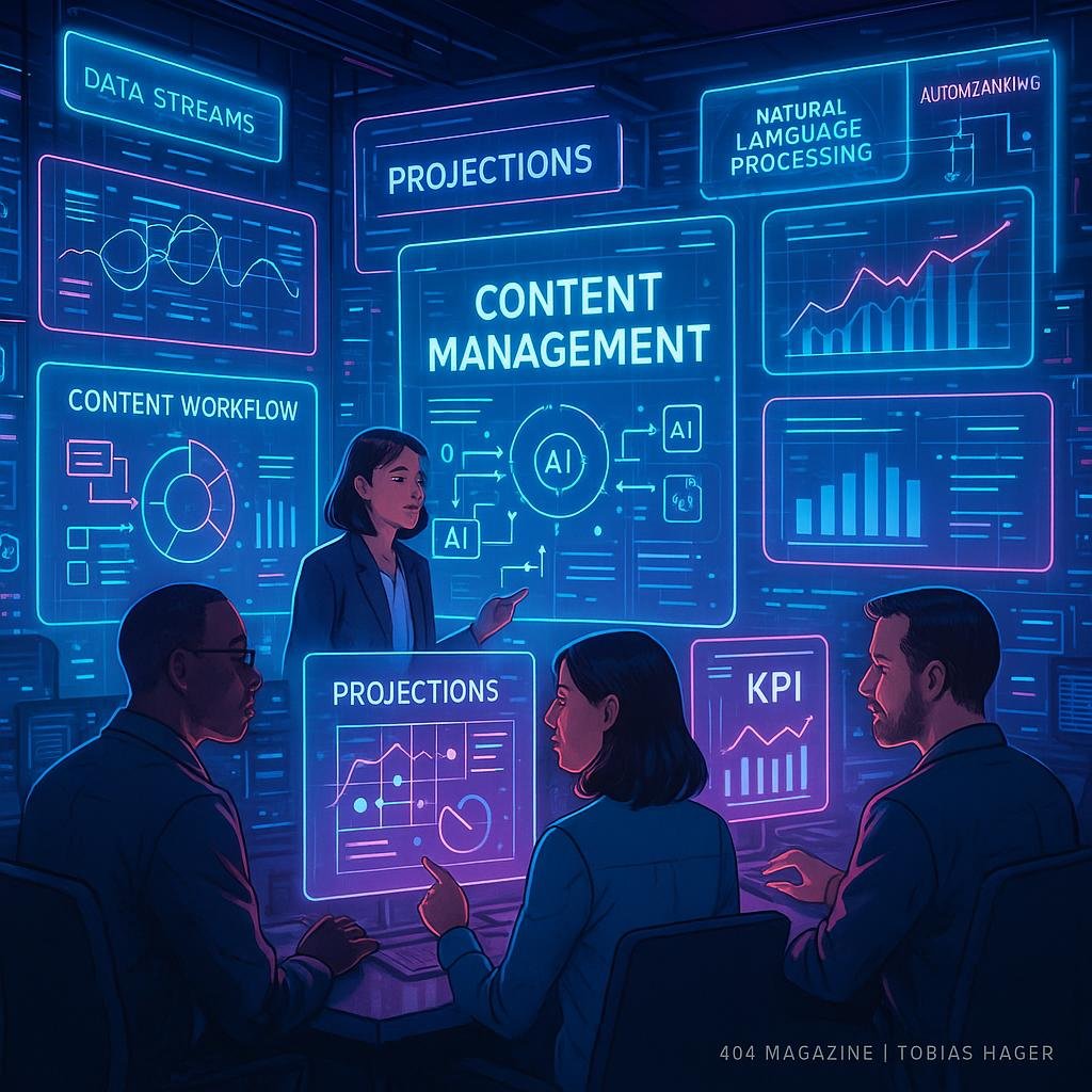 Futuristischer Kontrollraum mit holografischen Bildschirmen, Teamanalyse und digitaler Schnittstelle, inspiriert von 404 Magazine (Tobias Hager).