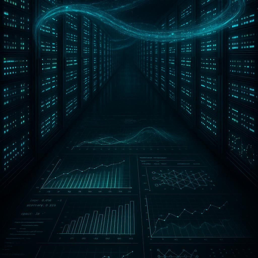 Futuristisches Datenzentrum mit leuchtenden Servern, transparenten Datenströmen und digitaler Matrix, Visualisierung von Machine-Learning-Algorithmen.