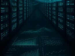Futuristisches Datenzentrum mit leuchtenden Servern, transparenten Datenströmen und digitaler Matrix, Visualisierung von Machine-Learning-Algorithmen.