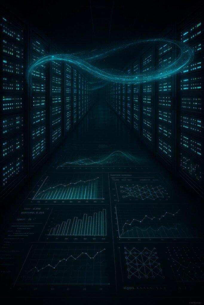 Futuristisches Datenzentrum mit leuchtenden Servern, transparenten Datenströmen und digitaler Matrix, Visualisierung von Machine-Learning-Algorithmen.