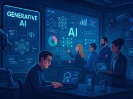 Ein modernes Arbeitszimmer mit einem Team, das an digitalen Whiteboards mit KI-Algorithmen, neuronalen Netzwerken und Datenvisualisierungen arbeitet, mit großen Bildschirmen, Robotik und IoT-Geräten, die KI-Integration zeigen.