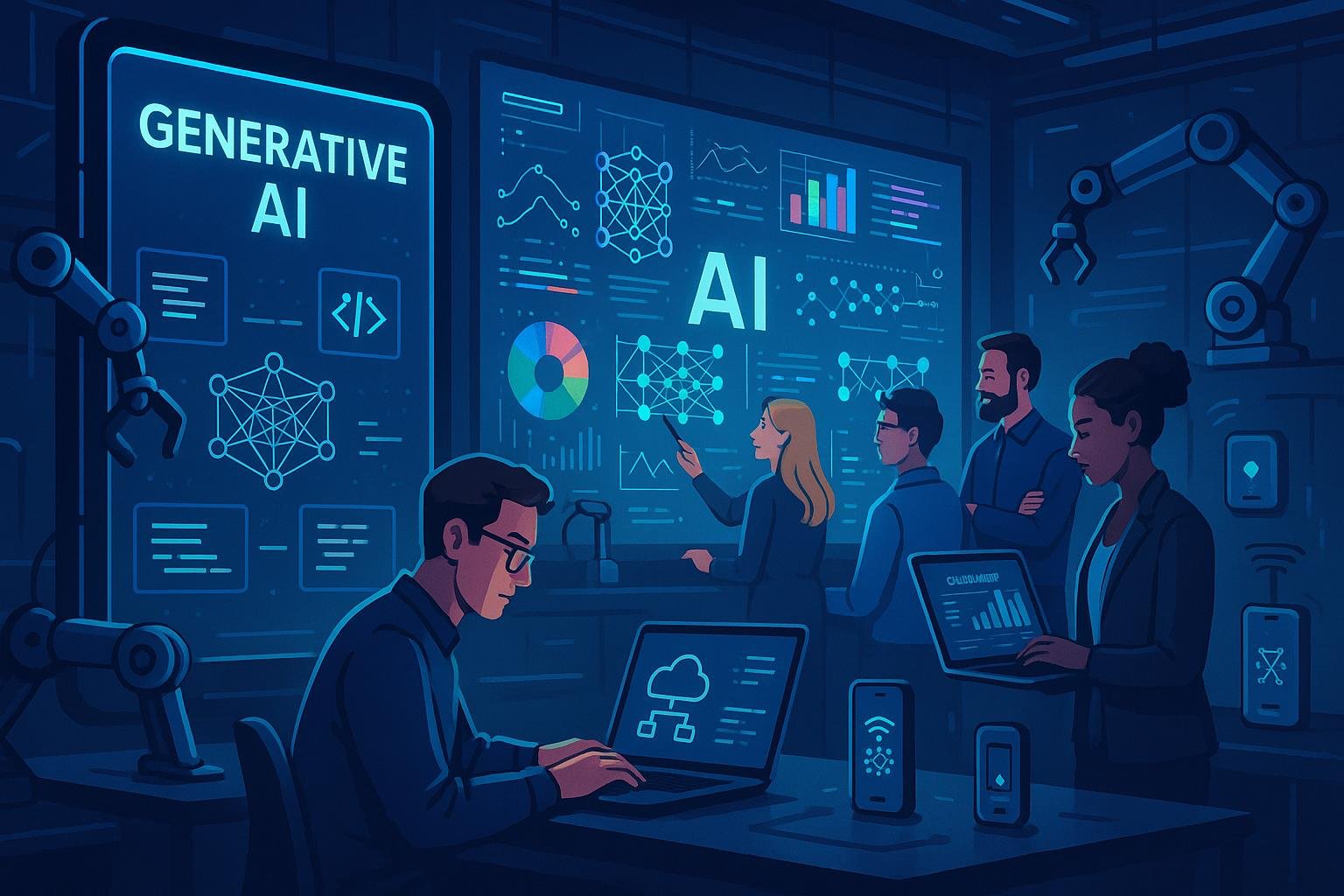 Ein modernes Arbeitszimmer mit einem Team, das an digitalen Whiteboards mit KI-Algorithmen, neuronalen Netzwerken und Datenvisualisierungen arbeitet, mit großen Bildschirmen, Robotik und IoT-Geräten, die KI-Integration zeigen.