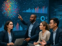 Futuristischer Arbeitsraum mit Transparenzbildschirm, Datenvisualisierungen und Fachleuten im Business-Casual-Stil