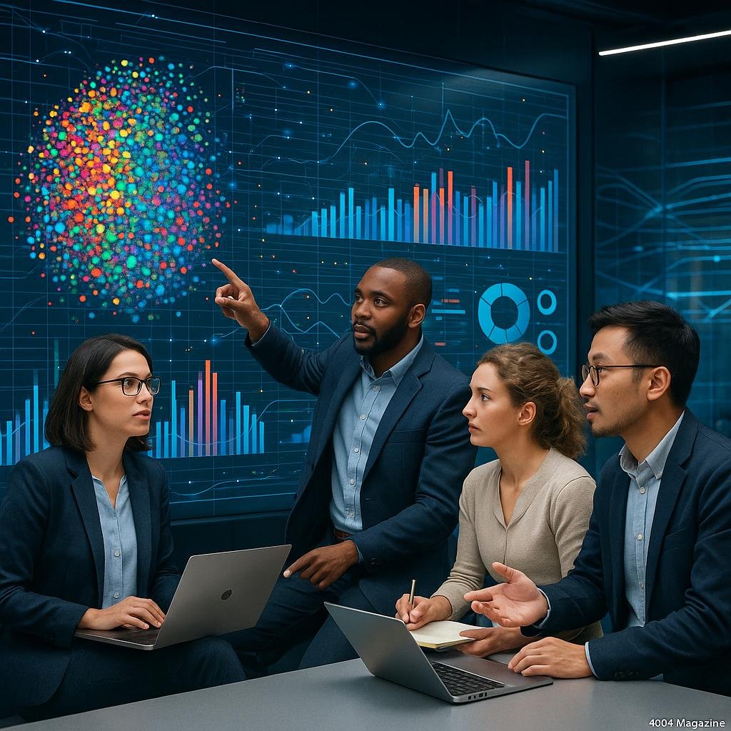 Futuristischer Arbeitsraum mit Transparenzbildschirm, Datenvisualisierungen und Fachleuten im Business-Casual-Stil