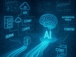 Futuristisches Digitalstudio mit beweglichen AI-Datenströmen, holographischen Schnittstellen und Monitor-Displays mit Dashboards und Performance-Daten.