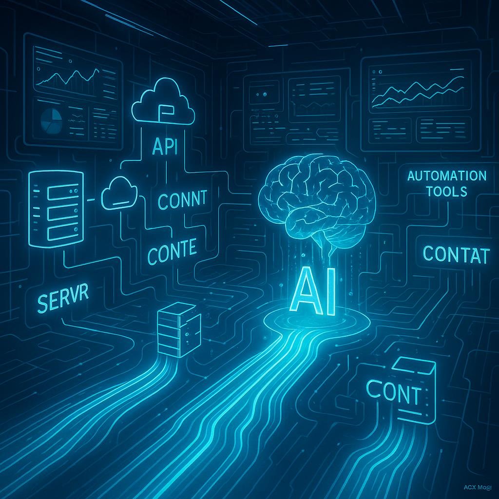 Futuristisches Digitalstudio mit beweglichen AI-Datenströmen, holographischen Schnittstellen und Monitor-Displays mit Dashboards und Performance-Daten.