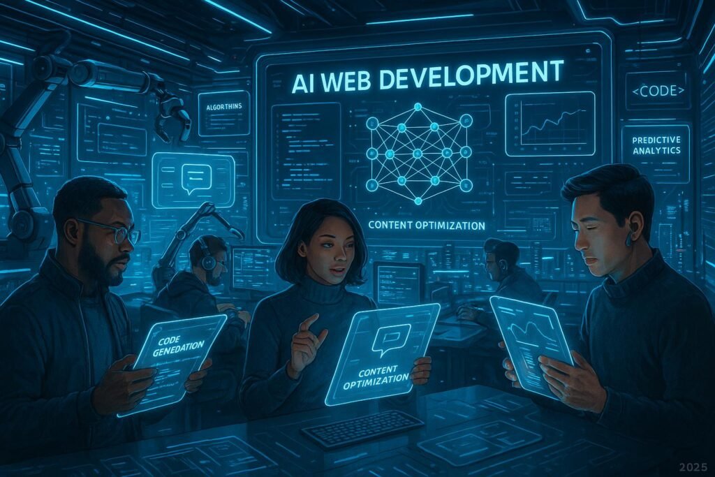 Futuristischer Kontrollraum mit holographischen Bildschirmen, Entwicklern, KI-Algorithmen und Neon-Lichter in einer digitalen Stadtansicht, die die Revolution der Webtechnologie 2025 symbolisiert