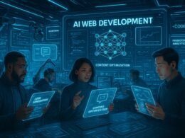 Futuristischer Kontrollraum mit holographischen Bildschirmen, Entwicklern, KI-Algorithmen und Neon-Lichter in einer digitalen Stadtansicht, die die Revolution der Webtechnologie 2025 symbolisiert