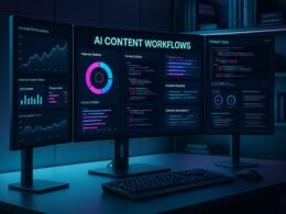 Futuristisches Büro mit mehreren Monitoren, zeigt KI-Content-Workflows, Graphen, Code und Analyse-Tools, im Hintergrund elegante Regale mit technischen Geräten und Büchern.