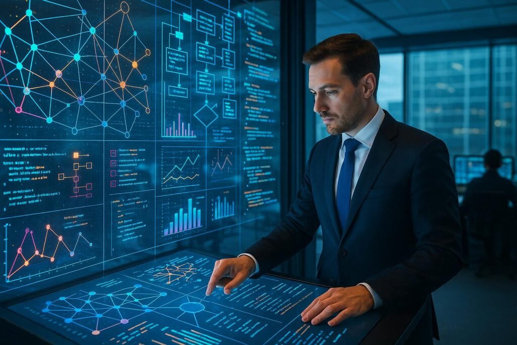 Futuristisches Büro mit holografischen Datenprojektionen, einem Geschäftsmann im Vordergrund und Mitarbeitern an Workstations im Hintergrund, zeigt Hightech-Innovation und moderne Data Mining Modelle.