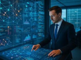 Futuristisches Büro mit holografischen Datenprojektionen, einem Geschäftsmann im Vordergrund und Mitarbeitern an Workstations im Hintergrund, zeigt Hightech-Innovation und moderne Data Mining Modelle.