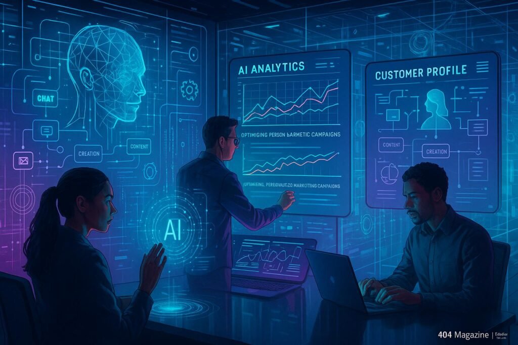 Futuristisches Marketing-Command-Center mit holographischen Datenströmen, digitalen Dashboards und einem vielfältigen Team, das KI-Analysen nutzt.