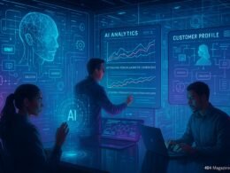Futuristisches Marketing-Command-Center mit holographischen Datenströmen, digitalen Dashboards und einem vielfältigen Team, das KI-Analysen nutzt.