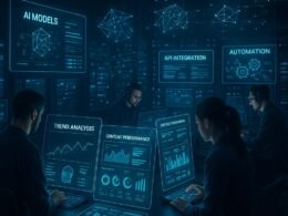 Futuristischer Kontrollraum mit transparenten Monitoren, holographischen Visualisierungen und einem Team aus Fachleuten bei der Arbeit, visualisiert KI-Modelle und Automatisierungsprozesse.