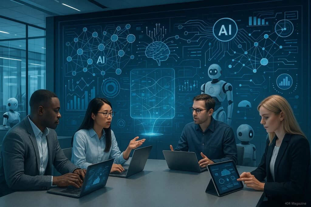 Futuristisches Büro mit digitalen Wandbildern, holographischen Interfaces und Teammitgliedern bei der Zusammenarbeit an KI-Strategien, symbolisiert technologische Innovation.