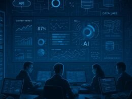 Modernes Kontrollzentrum mit digitaler Wand, Entwickler und Data-Scientists bei der Arbeit, Serverracks, Cloud- und Microservices-Architekturen, Data Lakes und KI-Modelle im Hintergrund.