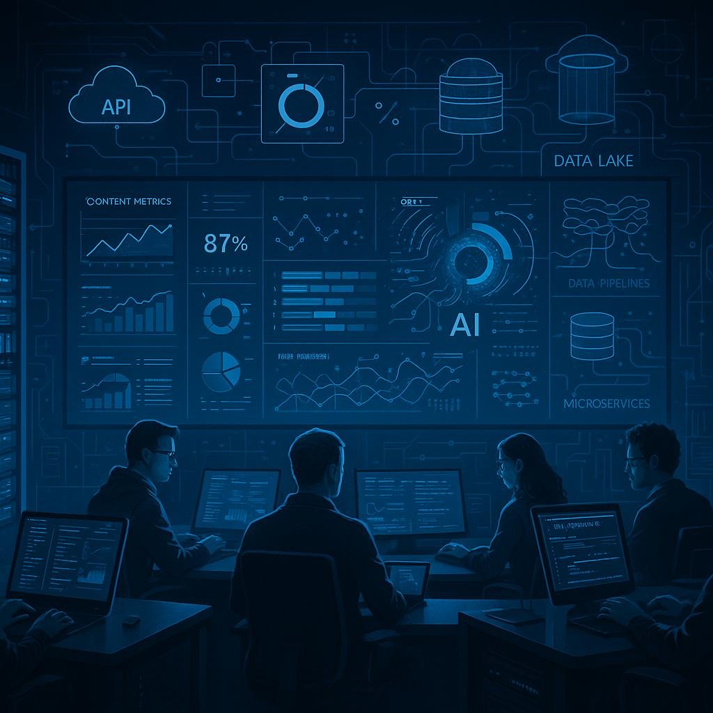 Modernes Kontrollzentrum mit digitaler Wand, Entwickler und Data-Scientists bei der Arbeit, Serverracks, Cloud- und Microservices-Architekturen, Data Lakes und KI-Modelle im Hintergrund.