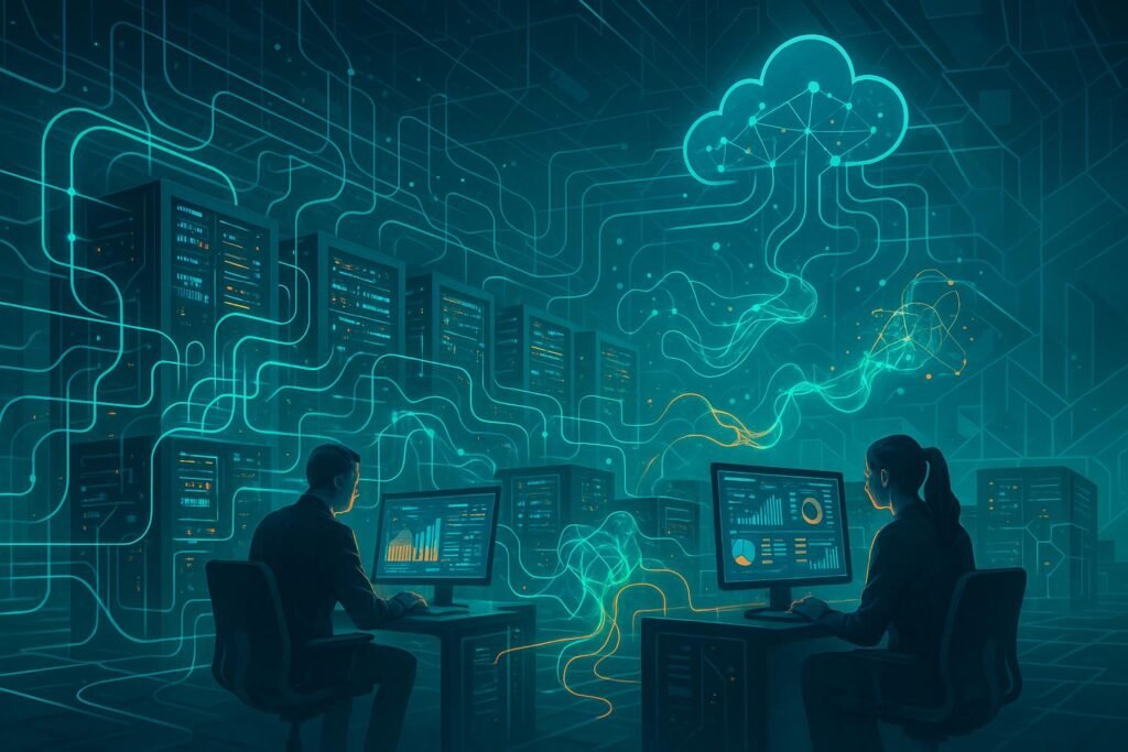 Futuristischer Datenraum mit leuchtender Netzwerkstruktur, holographischen Datenvisualisierungen und Fachleuten vor interaktiven Dashboards