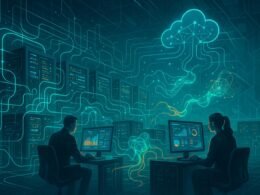 Futuristischer Datenraum mit leuchtender Netzwerkstruktur, holographischen Datenvisualisierungen und Fachleuten vor interaktiven Dashboards