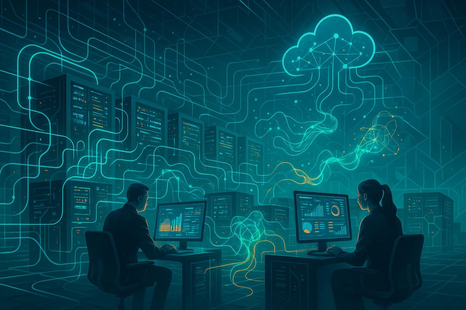 Futuristischer Datenraum mit leuchtender Netzwerkstruktur, holographischen Datenvisualisierungen und Fachleuten vor interaktiven Dashboards