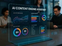 Futuristischer Arbeitsplatz mit holografischem KI-Content-Engine-Dashboard, umgeben von digitalen Elementen und einem engagierten marketingteam, das Tablets und Laptops nutzt.