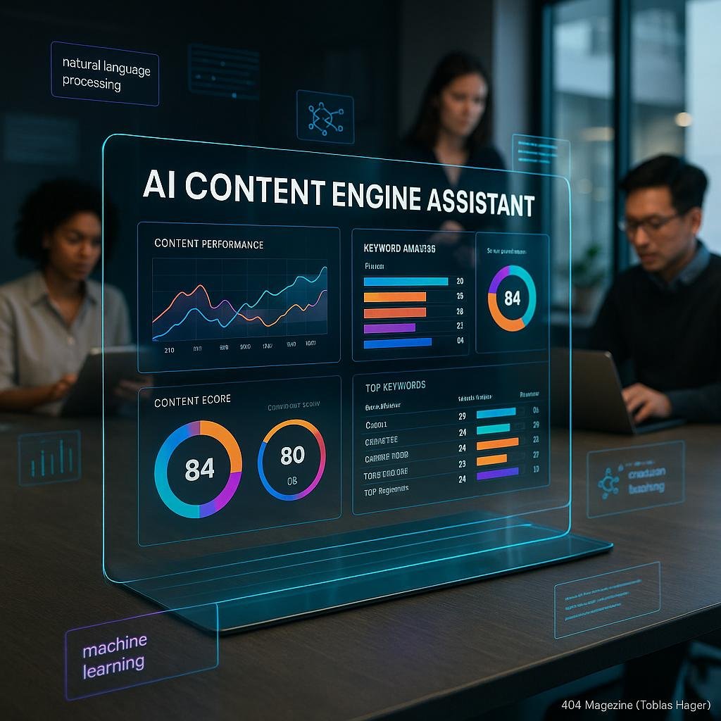 Futuristischer Arbeitsplatz mit holografischem KI-Content-Engine-Dashboard, umgeben von digitalen Elementen und einem engagierten marketingteam, das Tablets und Laptops nutzt.