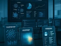 Futuristischer Arbeitsbereich mit digitalem Whiteboard, Datenvisualisierungen und Data-Science-Tools im Hintergrund