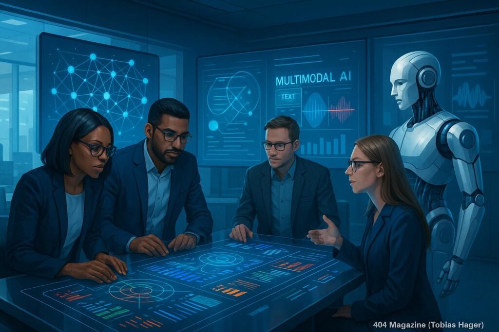 Futuristisches Büro mit holografischen Interfaces, humanoider Roboter und Datenvisualisierungen, die die Zukunft der KI und maschinelles Lernen zeigen.