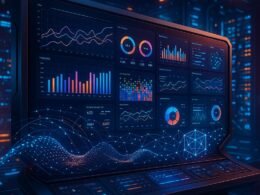 Futuristisches Control-Panel mit bunten Datenvisualisierungen und digitaler Vernetzung; Hintergrund mit LED-Lichtern und holographischen Elementen, Credit: 404 Magazine (Tobias Hager)