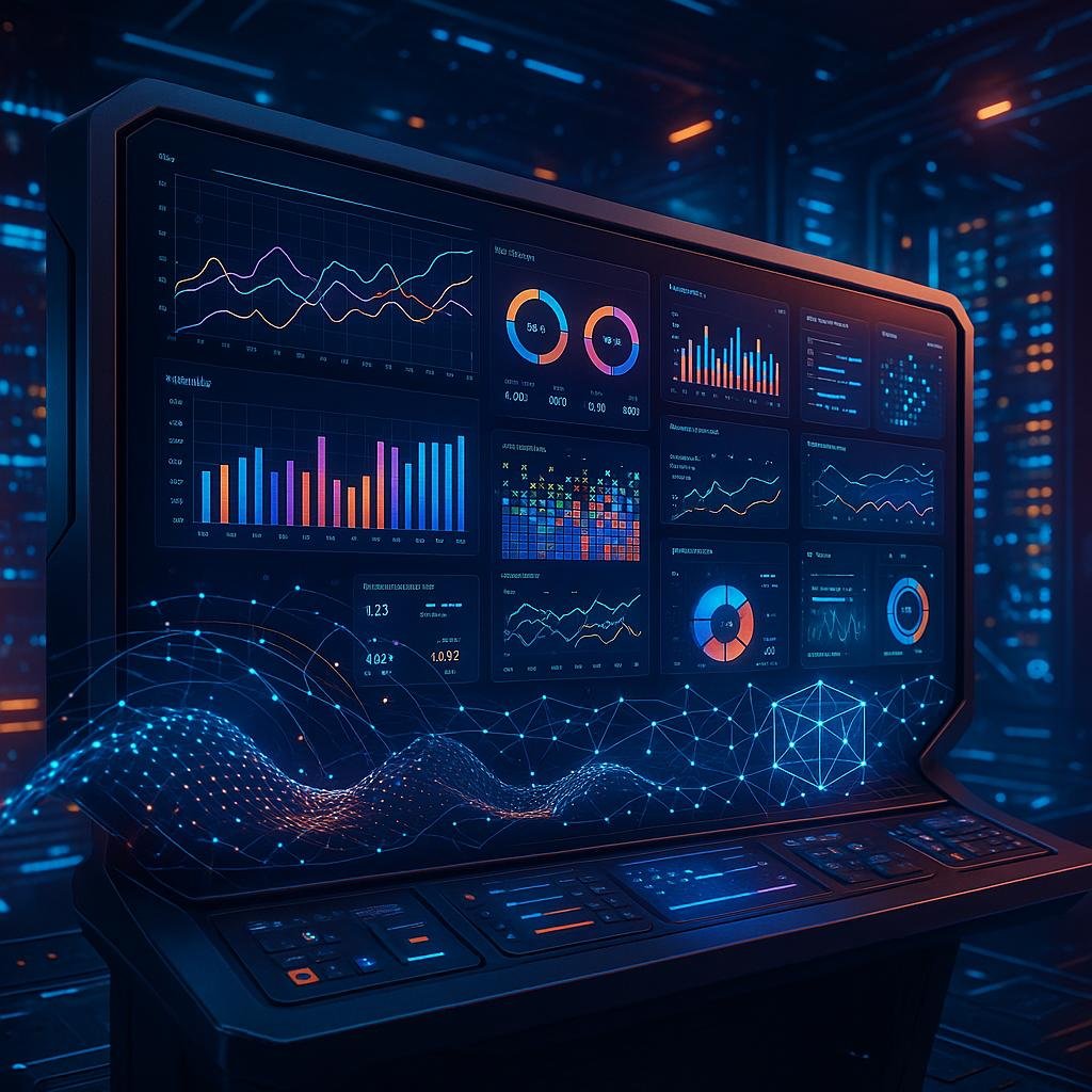 Futuristisches Control-Panel mit bunten Datenvisualisierungen und digitaler Vernetzung; Hintergrund mit LED-Lichtern und holographischen Elementen, Credit: 404 Magazine (Tobias Hager)