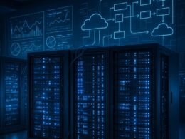 Futuristisches Data Center mit leuchtenden Server-Racks, Bildschirmen und Cloud-Icons, die Datenflüsse und Verarbeitung anzeigen