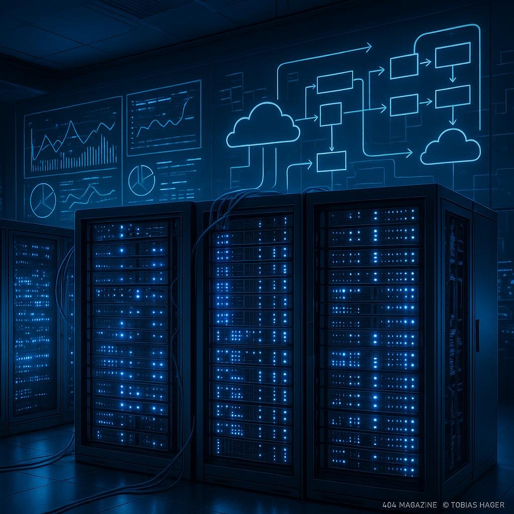 Futuristisches Data Center mit leuchtenden Server-Racks, Bildschirmen und Cloud-Icons, die Datenflüsse und Verarbeitung anzeigen