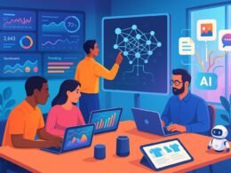 Modernes digitales Arbeitsumfeld mit Team, KI-Interfaces, holographischen Daten und Echtzeit-Analysen, hervorgehoben durch innovative Technologien.