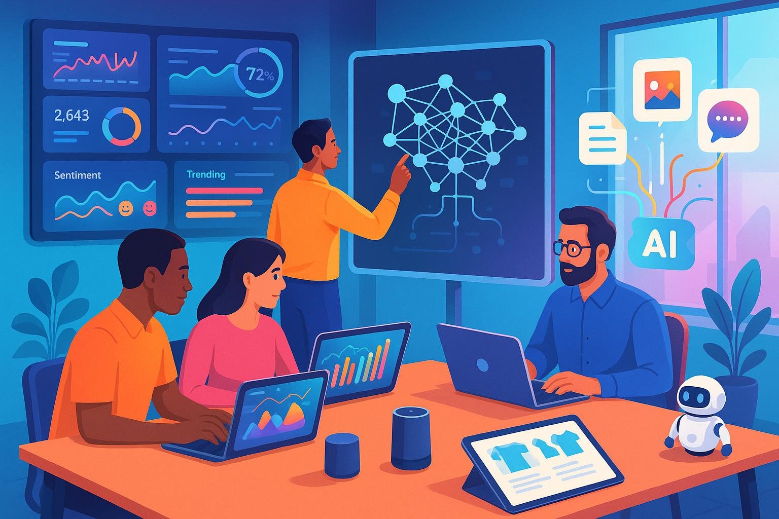 Modernes digitales Arbeitsumfeld mit Team, KI-Interfaces, holographischen Daten und Echtzeit-Analysen, hervorgehoben durch innovative Technologien.