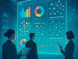Futuristisches Daten- und Analyse-Dashboard in einem High-Tech Raum mit Analysten und holographischen Datenströmen