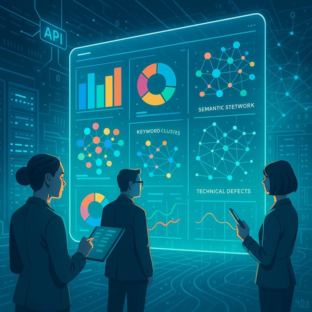 Futuristisches Daten- und Analyse-Dashboard in einem High-Tech Raum mit Analysten und holographischen Datenströmen