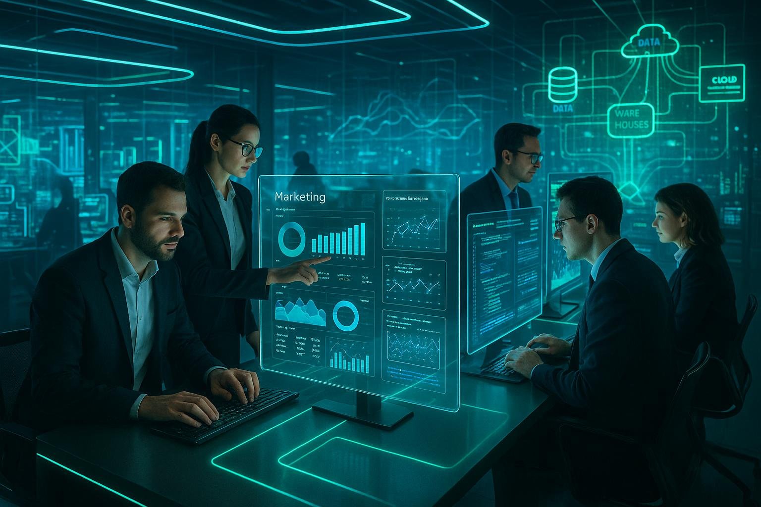 Futuristisches Marketingbüro mit Fachleuten, die an transparenten Bildschirmen arbeiten, holographische Datenströme und KI-Modelldiagramme im Hintergrund, neonblaue und grüne Akzente, digitaler Hightech-Ansatz