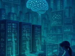 Futuristisches Szenario mit Serverracks, holografischen Datenanzeigen, neuronalen Netzwerken und einer modernen Stadt im Hintergrund, visualisiert die komplexe Welt der Künstlichen Intelligenz.
