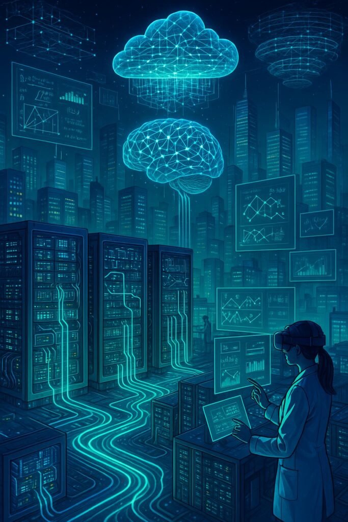 Futuristisches Szenario mit Serverracks, holografischen Datenanzeigen, neuronalen Netzwerken und einer modernen Stadt im Hintergrund, visualisiert die komplexe Welt der Künstlichen Intelligenz.