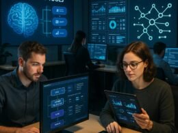 Zwei Fachleute in einem hoch-technologischen Büro mit Bildschirmen, Diagrammen, Data-Analytics-Dashboards und Automatisierungs-Apps, die Effizienz und Innovation ausstrahlen.