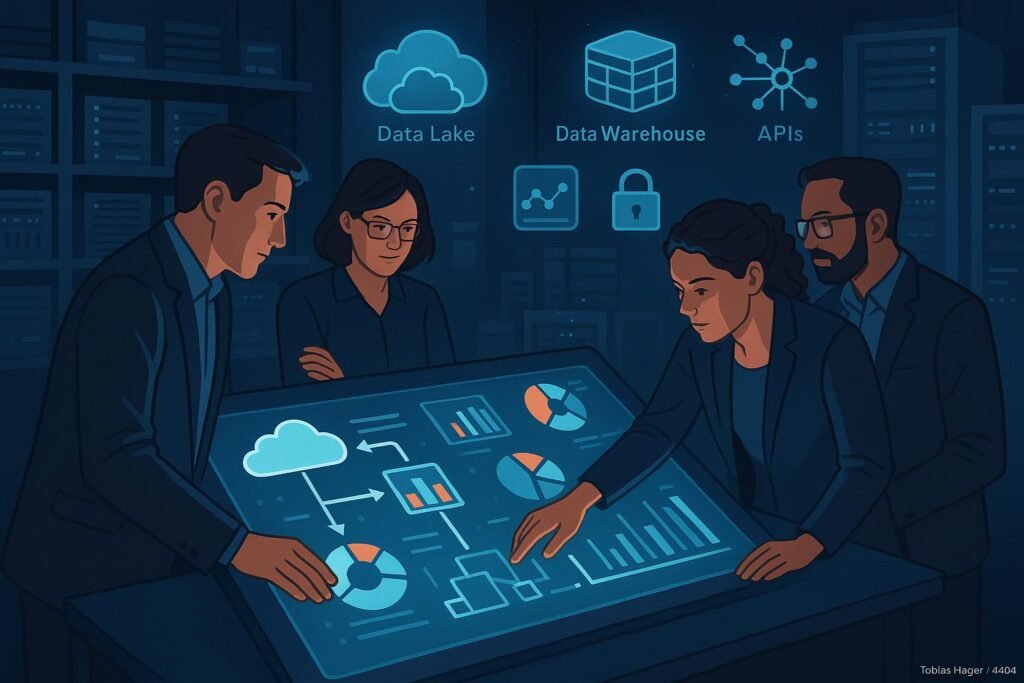 Team von Marketing- und Datenprofis arbeitet an einem großen Touchscreen mit Visualisierungen von Datenquellen, Pipelines und Sicherheitsicons in einem hochmodernen digitalen Arbeitsraum.