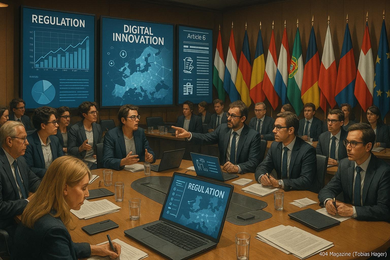 Vielfältige europäische Politiker und Tech-Unternehmer in einem Konferenzraum mit großen Bildschirmen, die Charts und digitale Innovationssymbole anzeigen, im Hintergrund EU-Flaggen - Tobias Hager, 404 Magazine