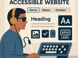 Person mit Sehbehinderung nutzt Screenreader auf einer klaren, barrierefreien Website mit sichtbarem Tastaturfokus, Kontrastfarben und ARIA-Labels.