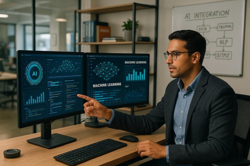 Marketingprofi in modernem Büro mit Dual-Monitor-Setup, der KI-Datenvisualisierungen, Charts und Code überprüft, im Hintergrund Bücher, Whiteboard und Gadgets, betont die Nutzung von KI im Marketing.