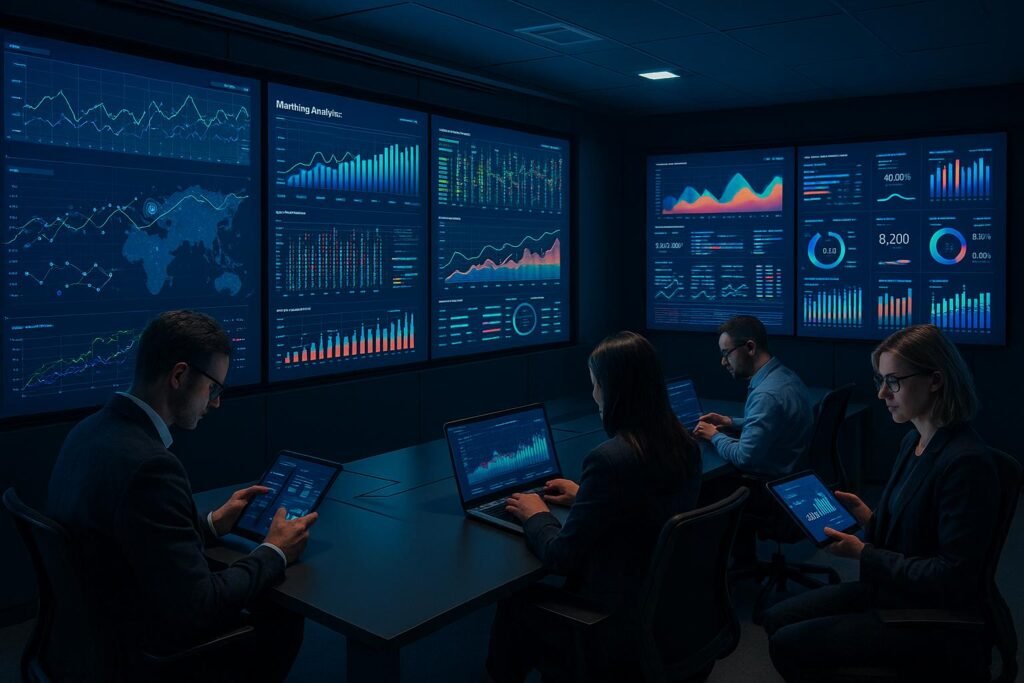 Ein modernes Hightech-Kommandocenter mit großen digitalen Bildschirmen, die bunte Grafiken und Echtzeitdaten anzeigen, während ein professionelles Team auf Tablets und Laptops arbeitet.