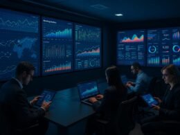 Ein modernes Hightech-Kommandocenter mit großen digitalen Bildschirmen, die bunte Grafiken und Echtzeitdaten anzeigen, während ein professionelles Team auf Tablets und Laptops arbeitet.