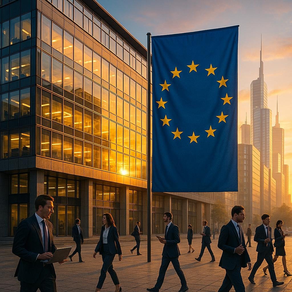 Modernes europäisches Bürogebäude mit Glasfassaden bei Sonnenaufgang, Banner mit europäischem Flaggenmuster, Geschäftsleute und futuristische Skyline im Hintergrund