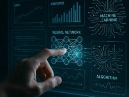 Nahaufnahme einer Hand, die mit einem holografischen digitalen Interface mit Datenvisualisierungen und neuronalen Netzwerken interagiert, im Hintergrund Code-Snippets und Algorithmen
