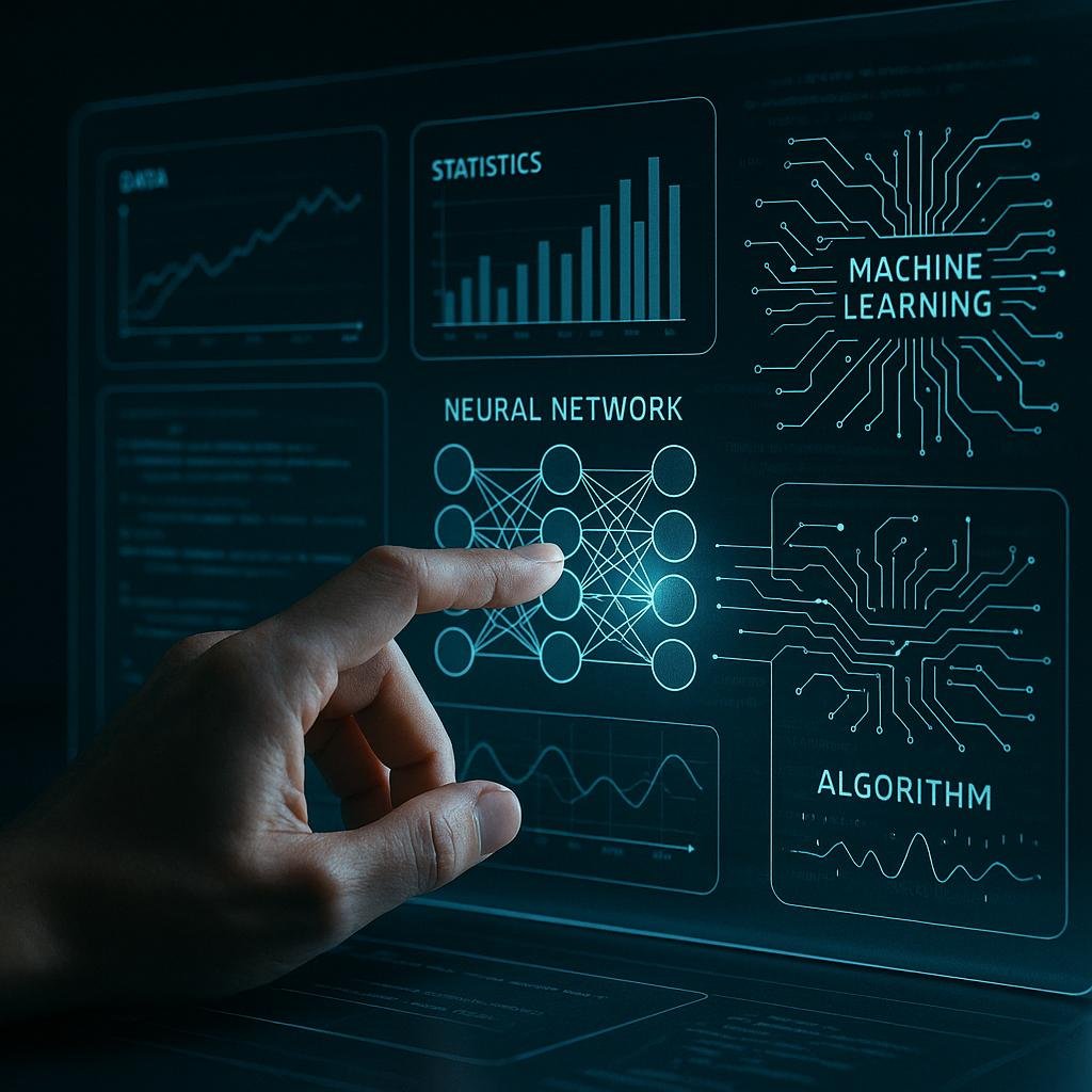 Nahaufnahme einer Hand, die mit einem holografischen digitalen Interface mit Datenvisualisierungen und neuronalen Netzwerken interagiert, im Hintergrund Code-Snippets und Algorithmen